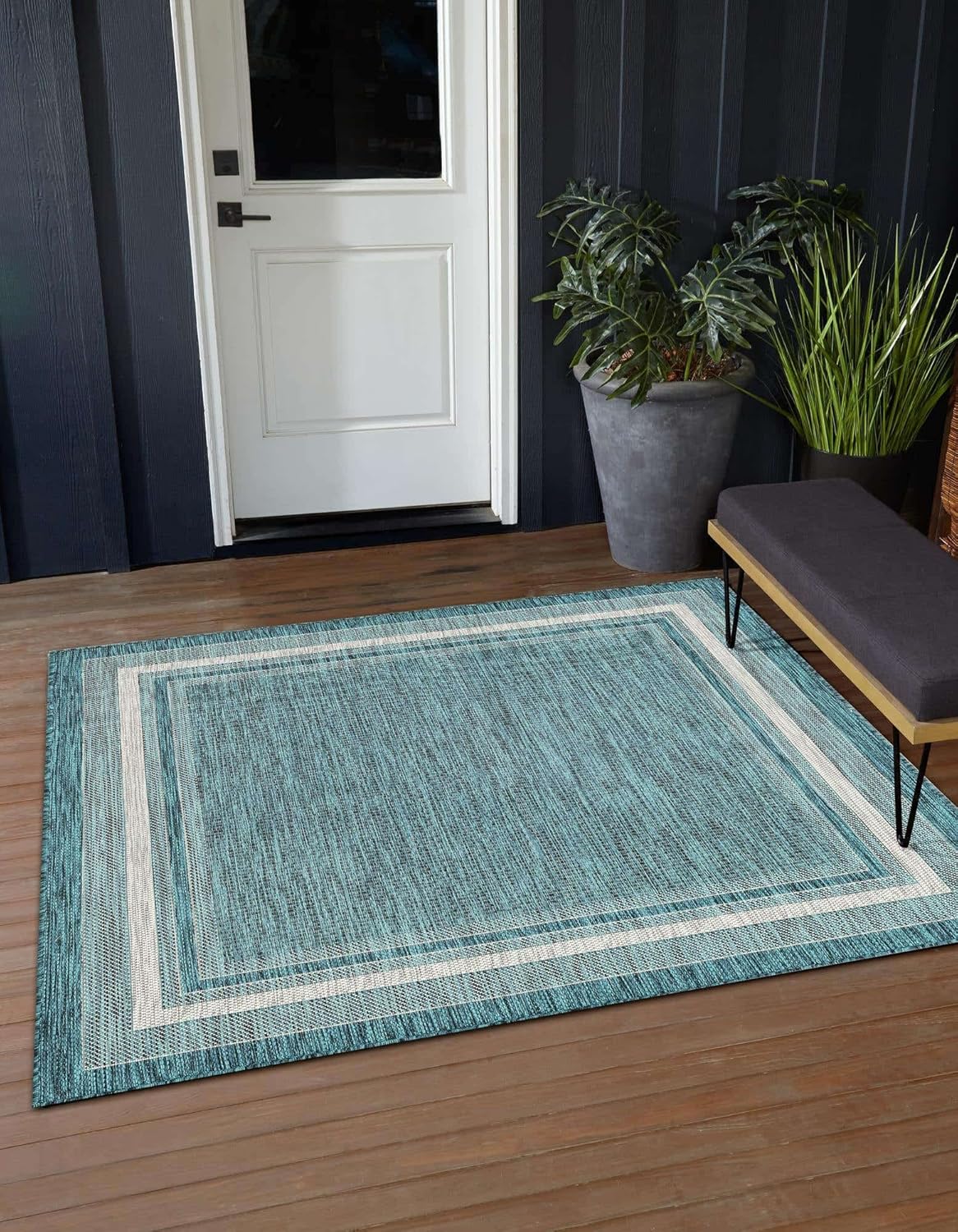 Unique Loom Outdoor Border Collection Area Rug - Soft Border (5' 1" Square, Teal/ Ivory)