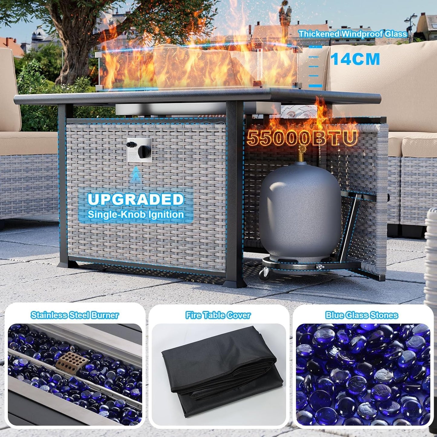 11-Piece Patio Furniture Set, Outdoor Patio Furniture with 55,000 BTU Fire Pit Table, Swivel Chairs Set, Thick Cushions, Modular Patio Sofa, Dual-Strand Wicker Rattan, Rust-Resistant Frame, Sand