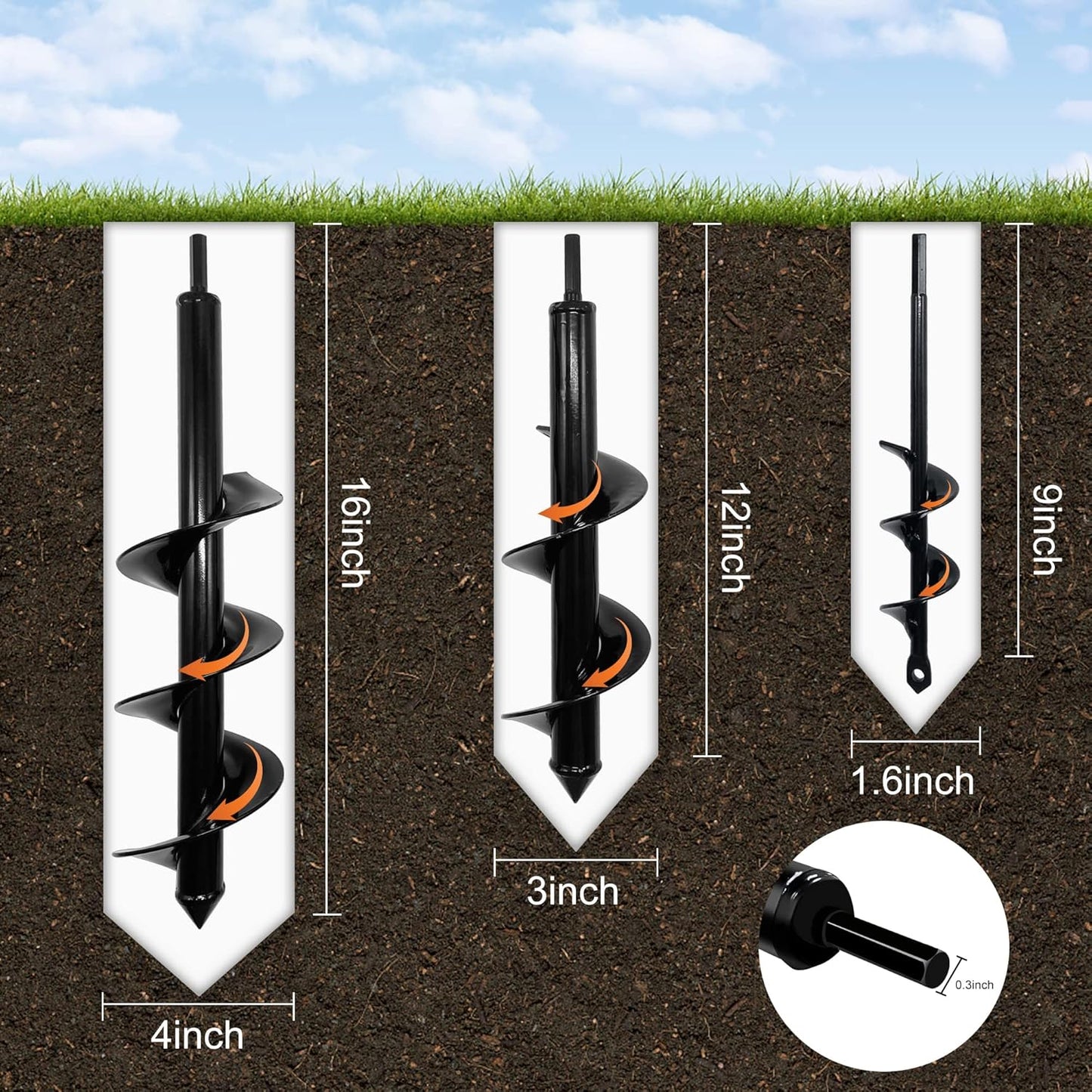 3PCS Auger Drill Bit Set for Planting, Bulb Planting, Garden Auger Spiral Drill Bit for 3/8 inch Hex Drive Drill