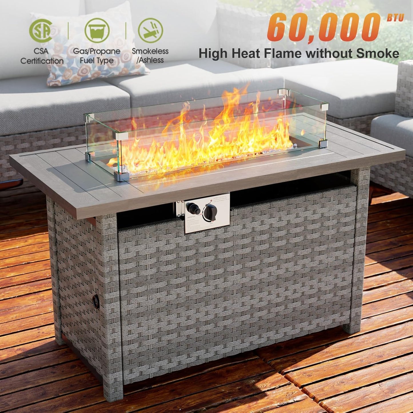 44" Fire Pit Table with Wind Guard for Outdoor, Auto-Ignition Propane Gas Firepits Rattan Rectangular Table for Outside Patio 60,000 BTU, Gray