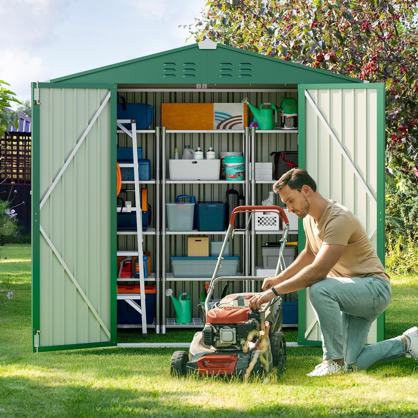 Gizoon Outdoor Storage Shed 6 x 4 FT, Galvanized Metal Garden Shed with Double Lockable Doors, Outdoor Storage Clearance for Backyard Patio Lawn-Green