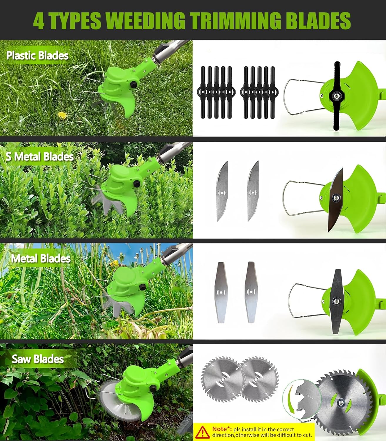 Electric Weed Wacker Cordless, 21V Weed Cordless Eater, 4 in 1 Lightweight Stringless Brush Cutter, with 2 Pcs 4.0 Ah Battery Grass Trimmer, 4 Types Blades for Yard Clearing (Green)