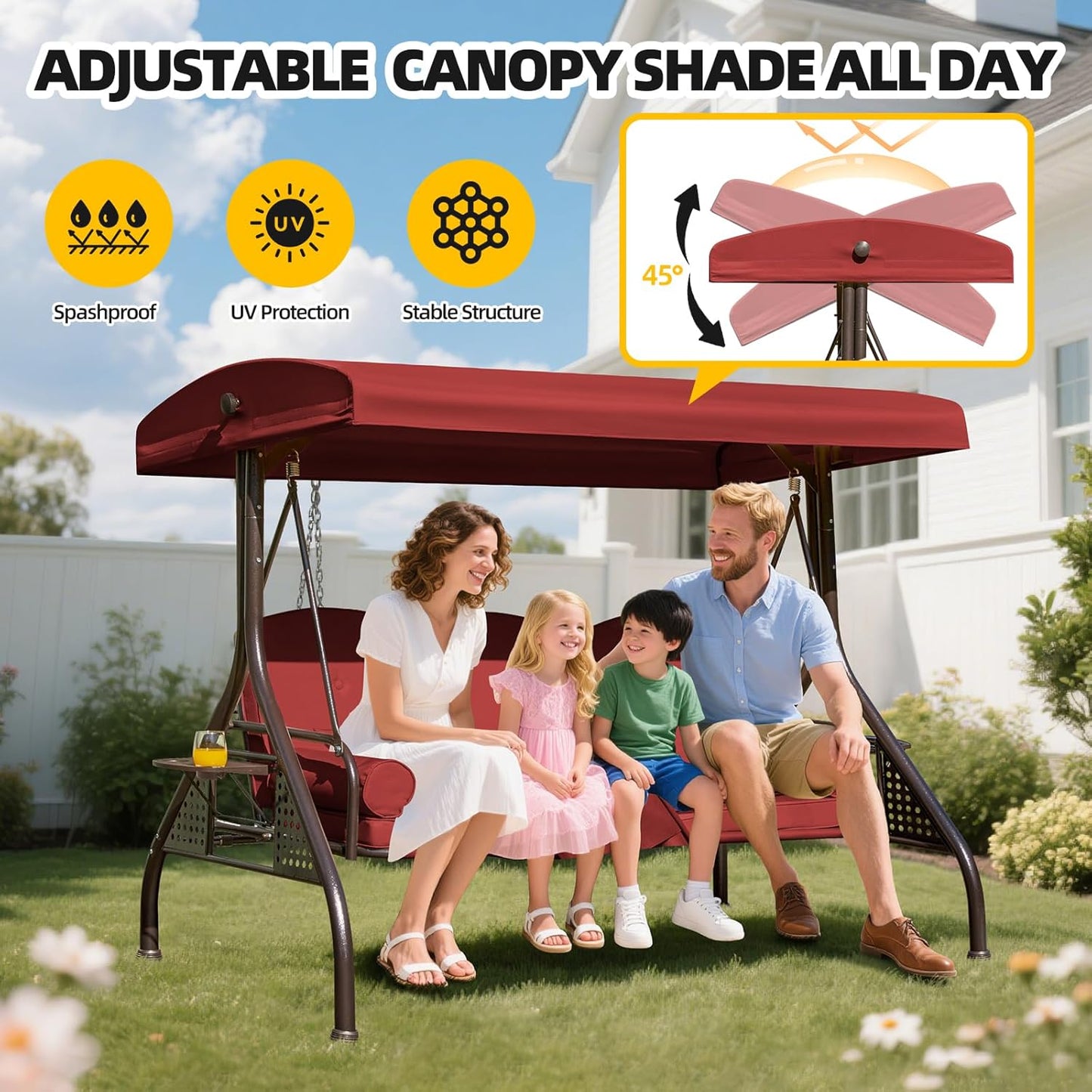 3-seat Patio Swing with Canopy,Convertible Outdoor Swing Bed with Thick Cushions, Pillows & Cup Holders, 3-Seat Outdoor Swings Chair for Backyard, Garden, Deck(Red)