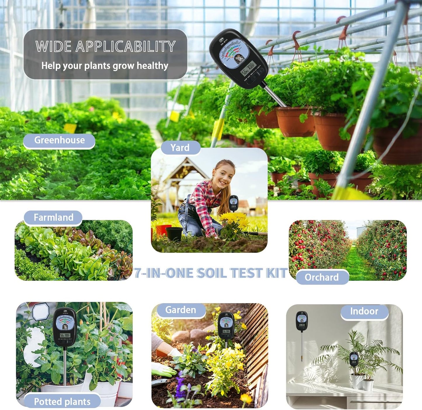 7-in-one Soil Test Kit, Soil Moisture Meter/PH Meter/Sunlight Intensity/Fertility Soil Tester, LCD Display Air & Soil Hygrometer Temperature for Garden, Farm, Lawn Care Moisture Meter for Hous Plants