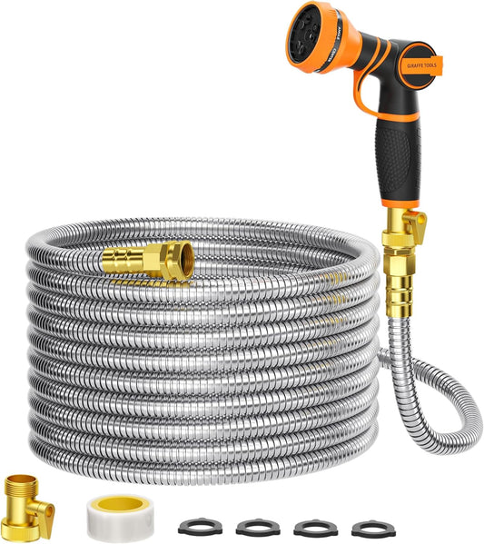 Girafe Tools Garden Hose 75ft x 5/8", 304 Stainless Steel Metal Water Hose, No Kink Garden Water Hose with 9 Pattern Spray Nozzle, Flexible, Lightweight, Kink Free Hose for Yard, Outdoor