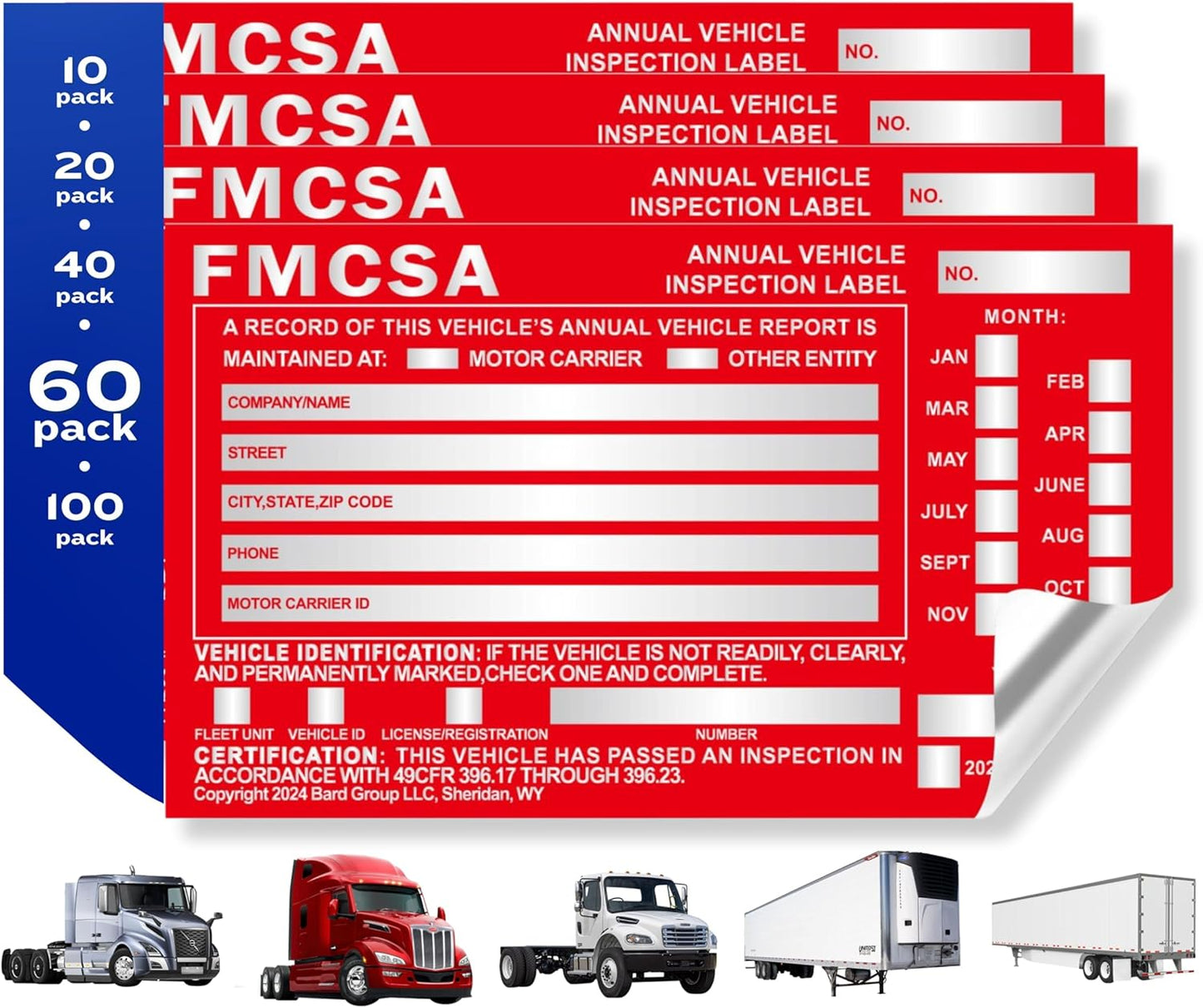 60-Pack DOT Compliant Aluminum Annual Vehicle Inspection Label – Red FMCSA Label with Punch Boxes