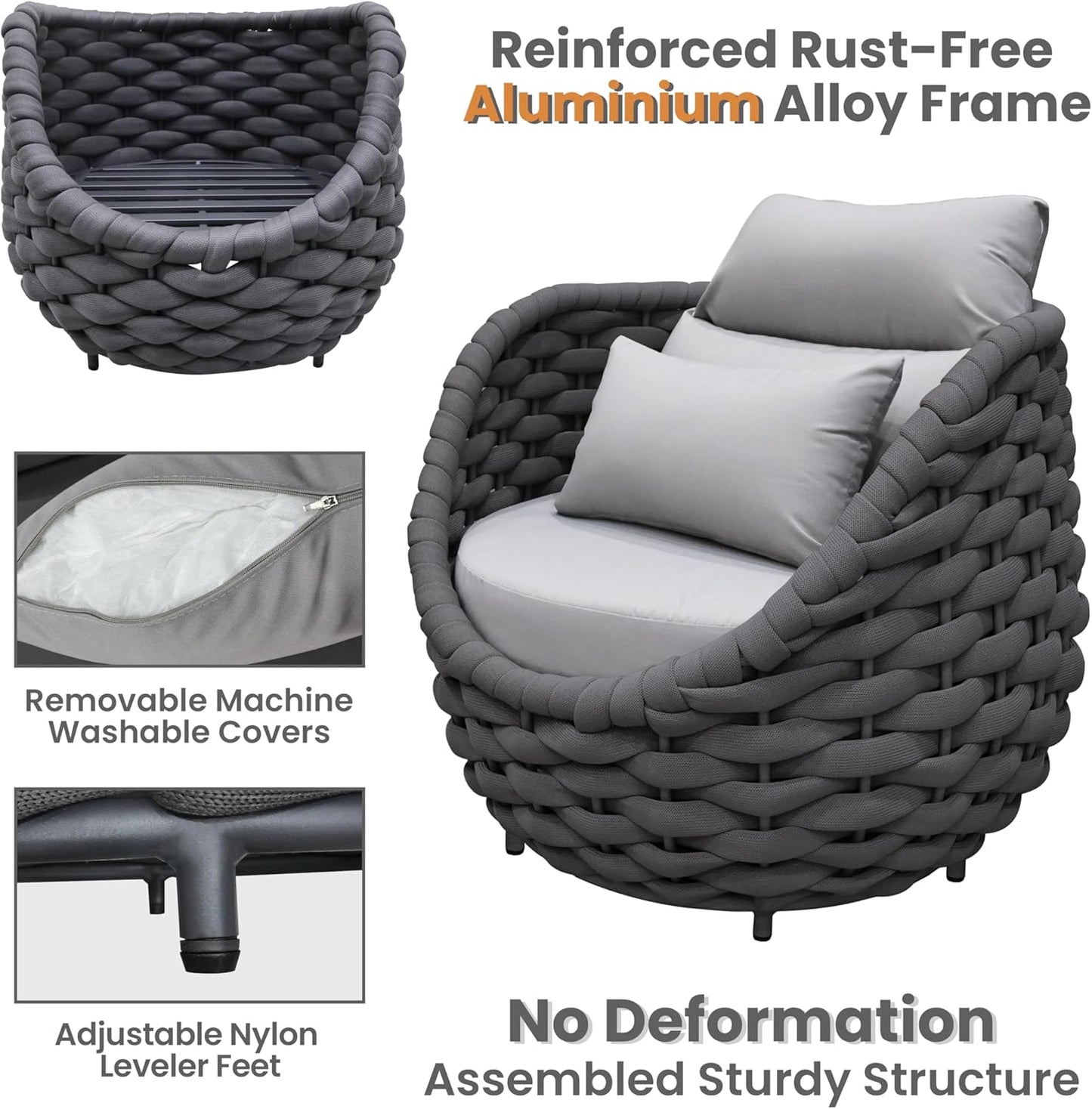 3 Pieces Woven Rope Patio Furniture Sofa Sets: Aluminum Outdoor Conversation Set of 2 - Assembled Modern Cushions Couch Armchair Table Set - All Weather for Indoor Deck Porch Pool Hotel