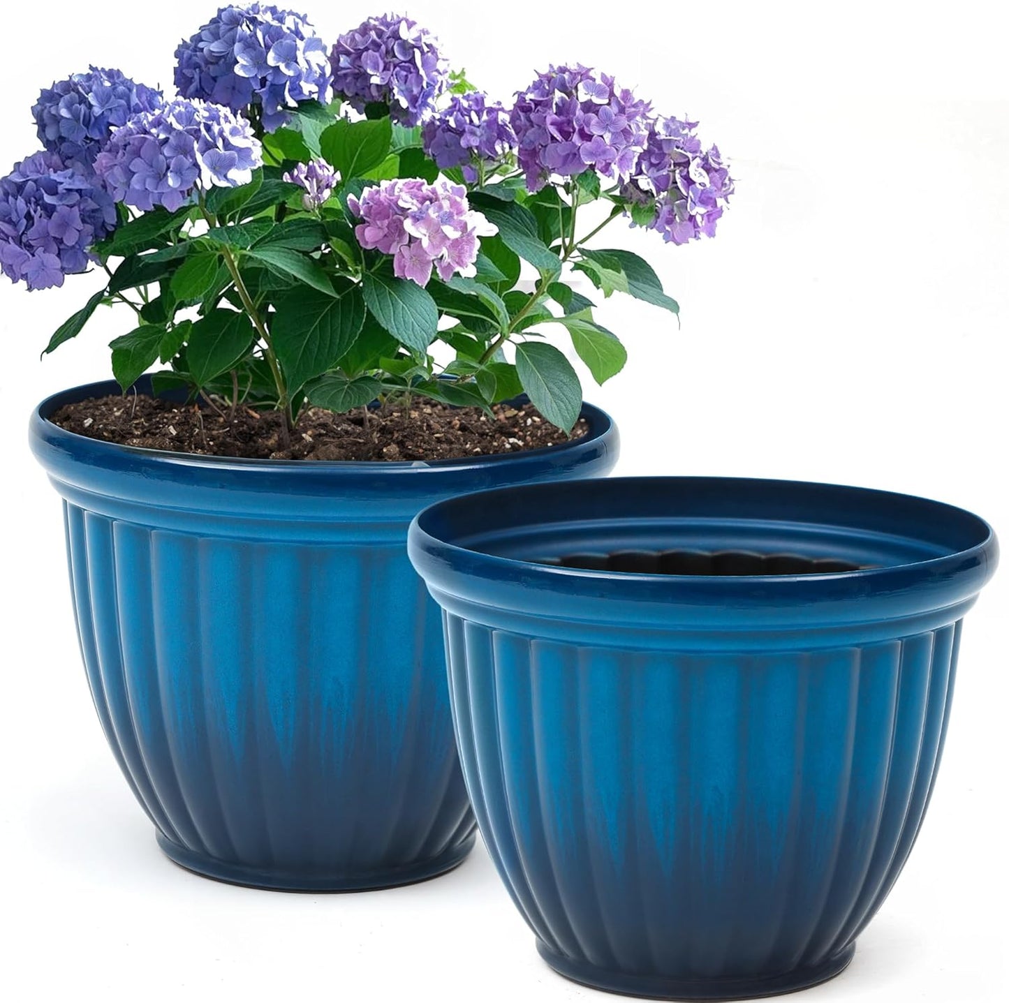 15" Outdoor Large Flower Pots (Set of 2), Gradient Blue Plastic Planters with 3D Texture, Weather-Resistant for Garden, Patio, Porch or Indoor Use