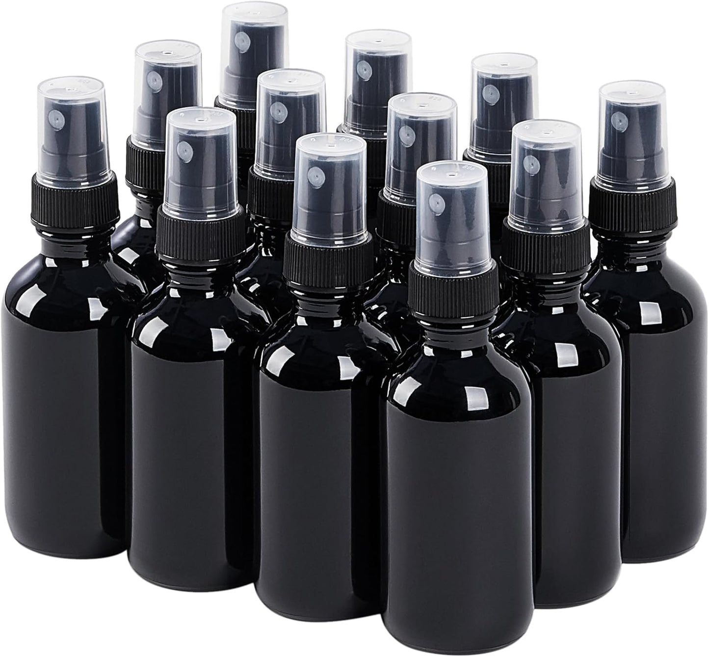 2 oz Glass Spray Bottles, Reusable Fine Mist Sprayer Small Spray Bottle, Leak-Proof Design, Perfect for Travel, Skin Care, Perfumes, Botanical, Cleansing (Black, 2oz-12pcs)