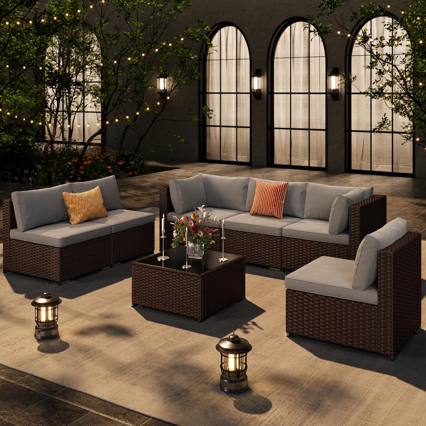 Ahomly 7-Piece Patio Furniture Set, Outdoor Sectional Couch with Water-Resistant Cushions & Coffee Table, PE Rattan Outdoor Patio Sofa Set for Backyard, Deck, Garden, or Porch, Grey