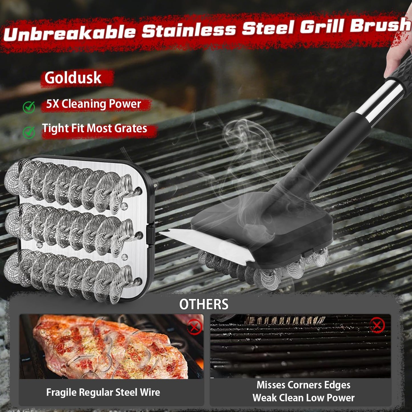 Grill Brush, Full Clean with One Set- Goldusk 19" Safe Replaceable Stainless Steel Grill Brush + Scraper + Bristle Free Steam Grill Brush for Outdoor Grill Accessories BBQ Brush Barbecue Gifts for Men