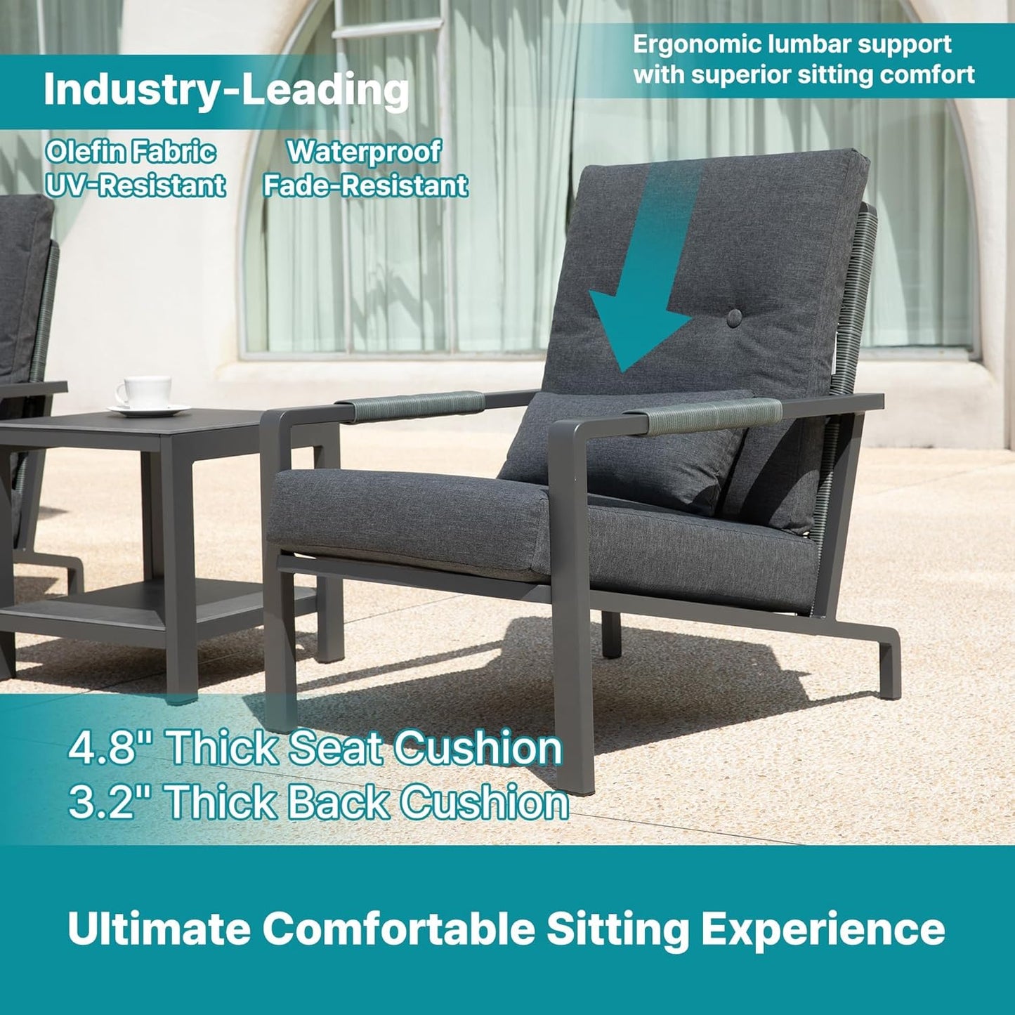 3 Piece Outdoor Bistro Set, Rattan Patio Furniture with Aluminum Frame & Coffee Table, Waterproof Cushion Fabric, High Elastic Sponge, Grey Terrace Patio Set