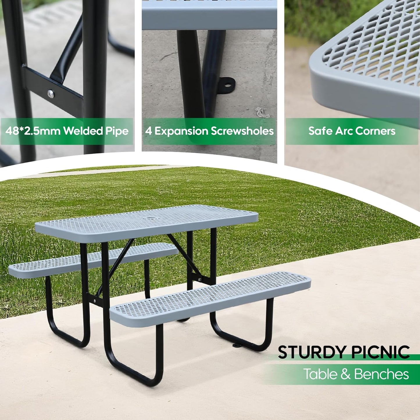 4FT Metal Picnic Tables for Outdoors, Commercial Rectangular Picnic Table and Bench Set for Outside, Patio, Garden, Backyard, Porch, Surface Mount, Grey
