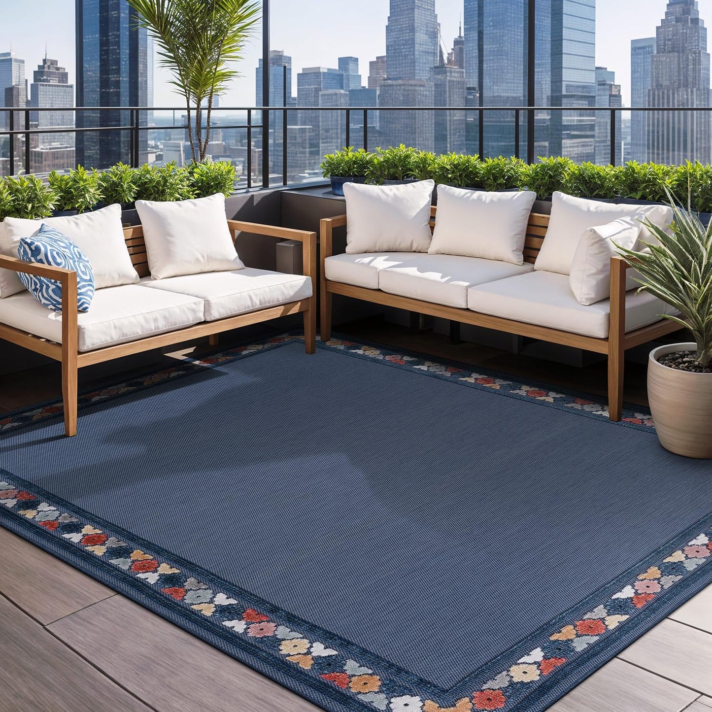 Beverly Rug Outdoor Rug 4x6 Modern Bordered Area Rugs for Indoor and Outdoor Patio Easy to Clean Non Shedding Living Room Porch Garden Washable Outside Carpet (4 x 6 Blue)