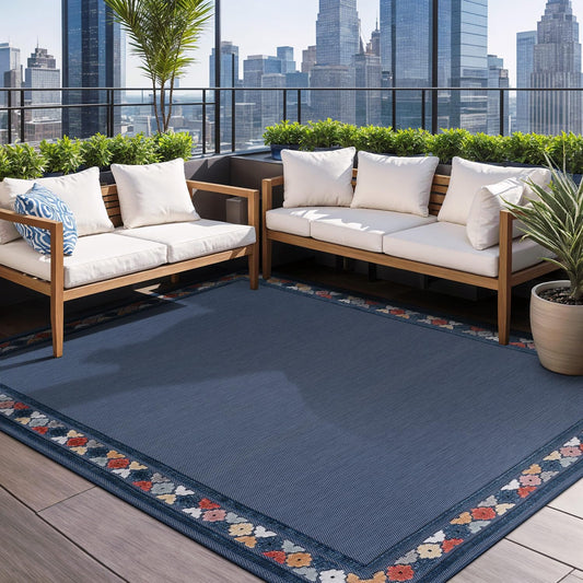 Beverly Rug Outdoor Rug 4x6 Modern Bordered Area Rugs for Indoor and Outdoor Patio Easy to Clean Non Shedding Living Room Porch Garden Washable Outside Carpet (4 x 6 Blue)