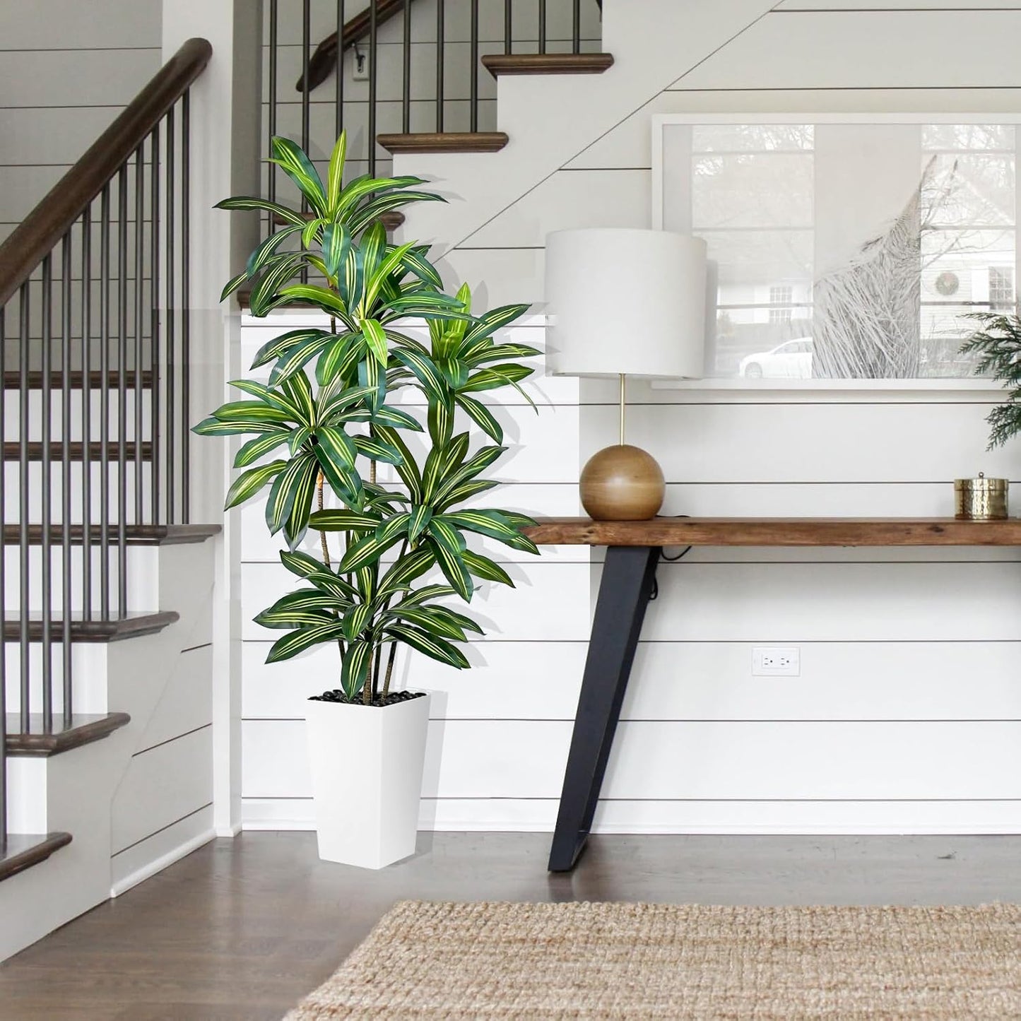 Artificial Dracaena Tree 7FT Tall Fake Plant with White Pot - Realistic Faux Dragon Tree with Tall Planter - Indoor Floor Plant for Home, Office,Mall, Living Room, Bedroom Decor (White - Planter, 7ft)