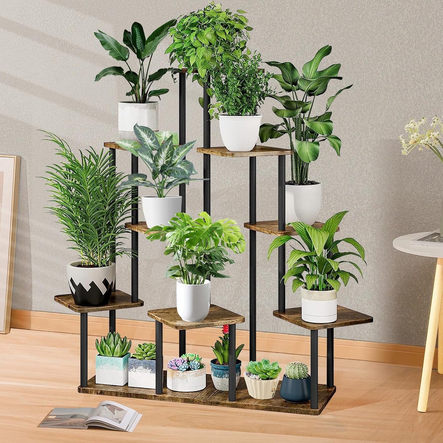 9 Tier Wood Tall Plant Stand Metal Rack Indoor, Multiple Flower Pot Holder Shelves Corner Rack, Planter Shelf Display Rack Storage Organizer for Patio Living Room Balcony Garden(Black)
