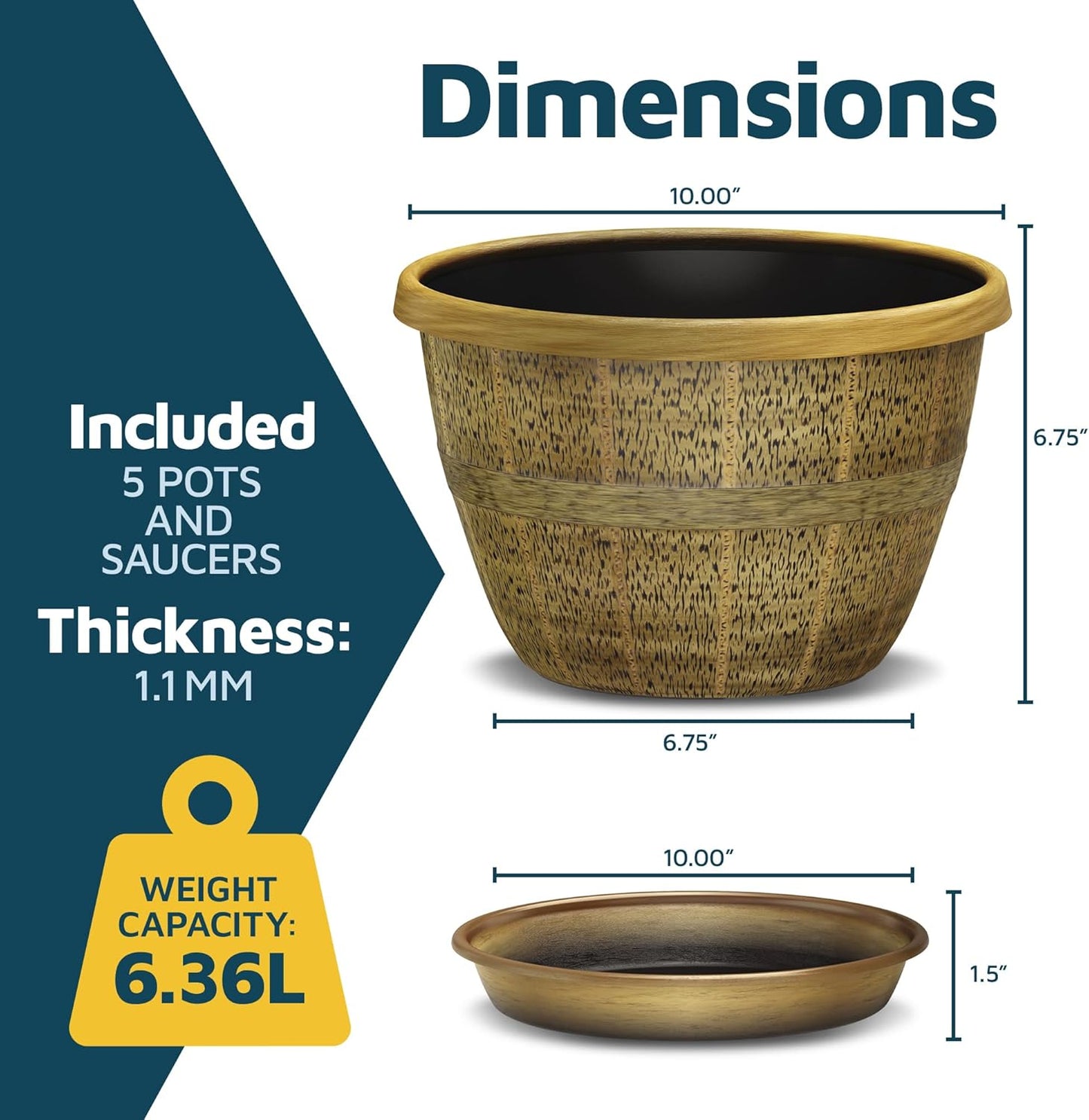 10-Inch Whiskey Barrel Planters Outdoor Pack of 5 - Durable Plastic Plant Pots for Indoor & Outdoor Use with Drainage & Saucer, Lightweight Rustic Barrel Planters for Flowers, Herbs & Small Plants