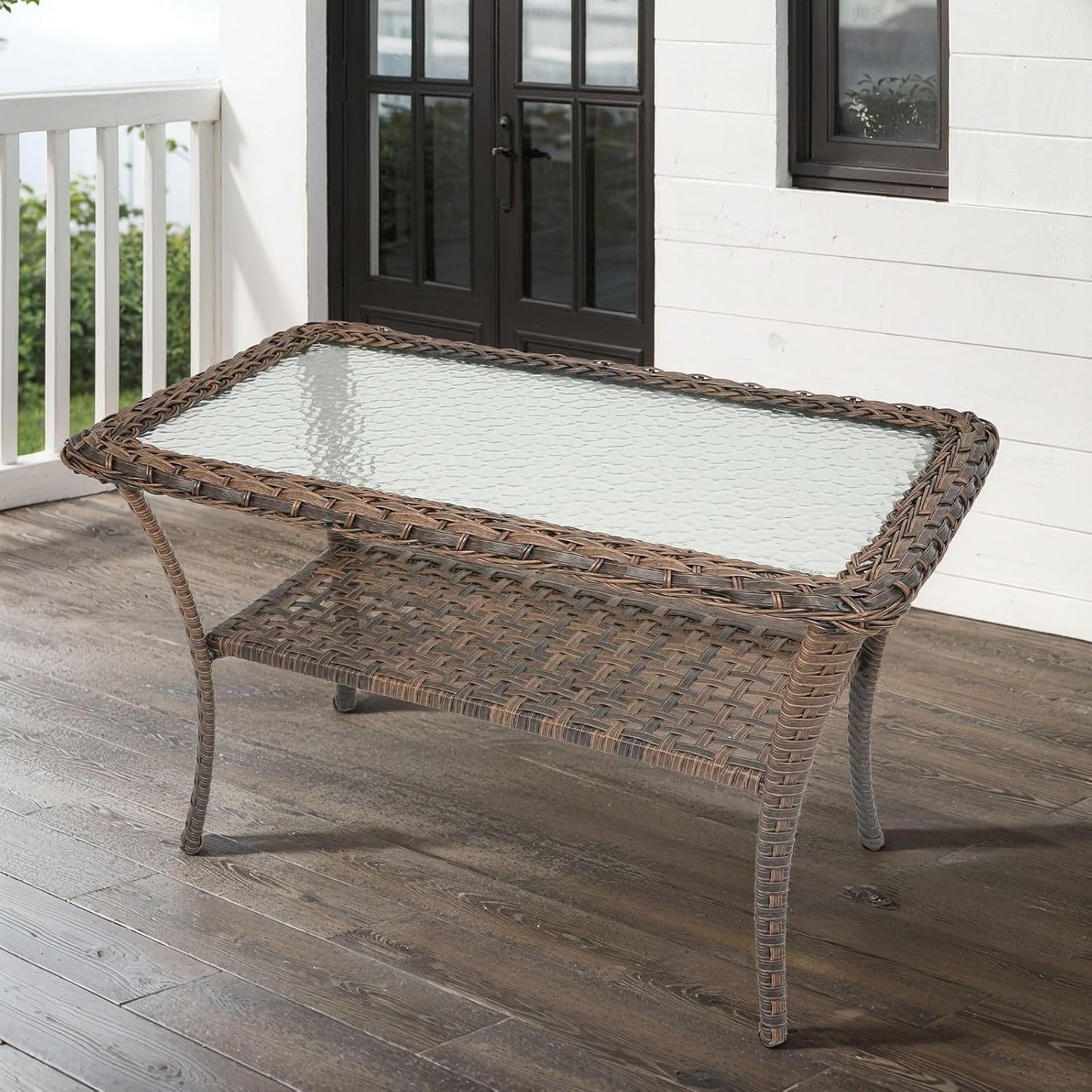 38 Inch Outdoor Coffee Table with 2 Tier Storage - Wicker Coffee Table with Water Ripple Texture Tempered Glass Top, All Weather Patio Coffee Table for Deck Porch Balcony Garden Brown