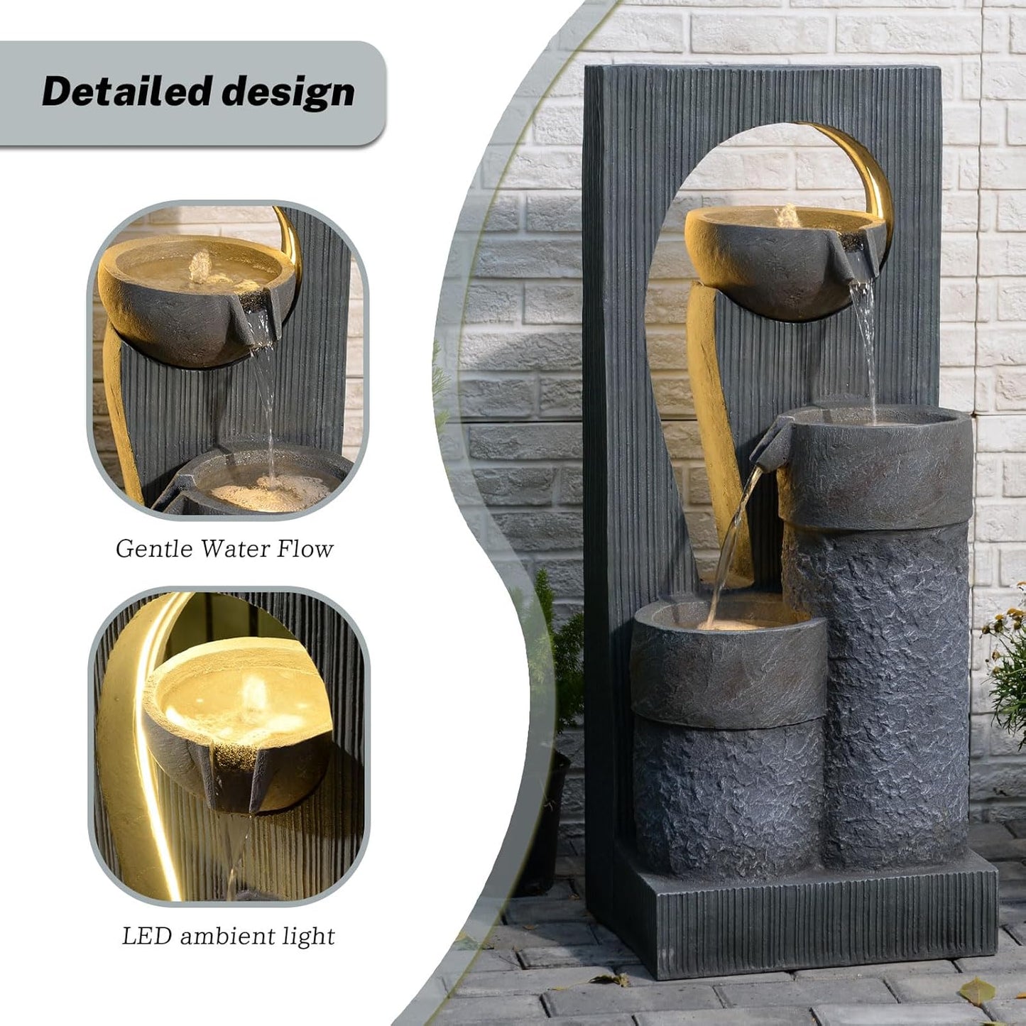 Outdoor Water Fountain for Patio & Garden, 41" Modern Stone-Look Fountain with LED Lights & Cascading Waterfall – UV-Resistant Freestanding Indoor/Outdoor Water Feature