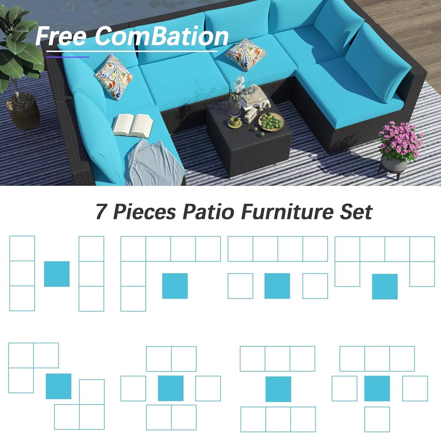 7 Piece Patio Furniture Set, Outdoor Couch Set—All-Weather Outdoor Furniture Sectional w Water Resistant Thick Cushions, Patio Sofa Set w 2 Extra Pillows and Coffee Table, Turquoise/Black
