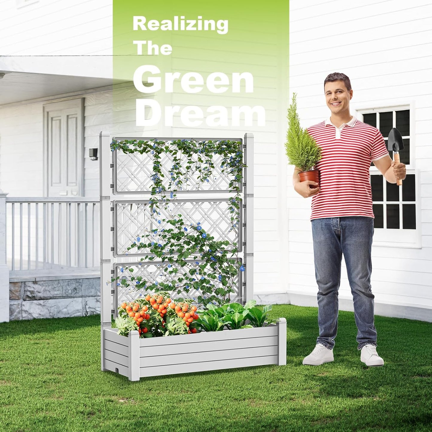 Elevated Raised Garden Bed,Outdoor Large Resin Patio Planter Box Stand Divisible with Drain Plug,Water Monitor for Plants Vegetables Flowers Fruits(Ashen)