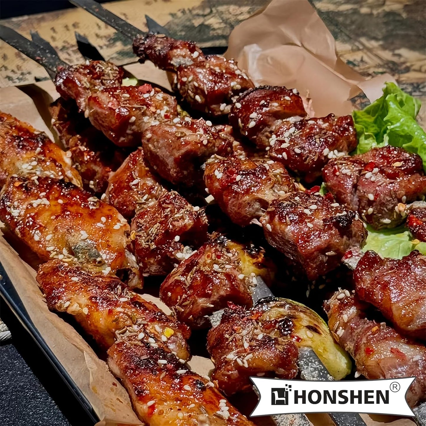 22-Inch Long Flat BBQ Skewers, HONSHEN 3/8 Inch Heavy Duty Stainless Steel Wide Blade with hardwood Handle barbecue skewers for Grilling Meat,Chicken,Beef-Set of 12 (22Inch Flat BBQ Skewers 12p)