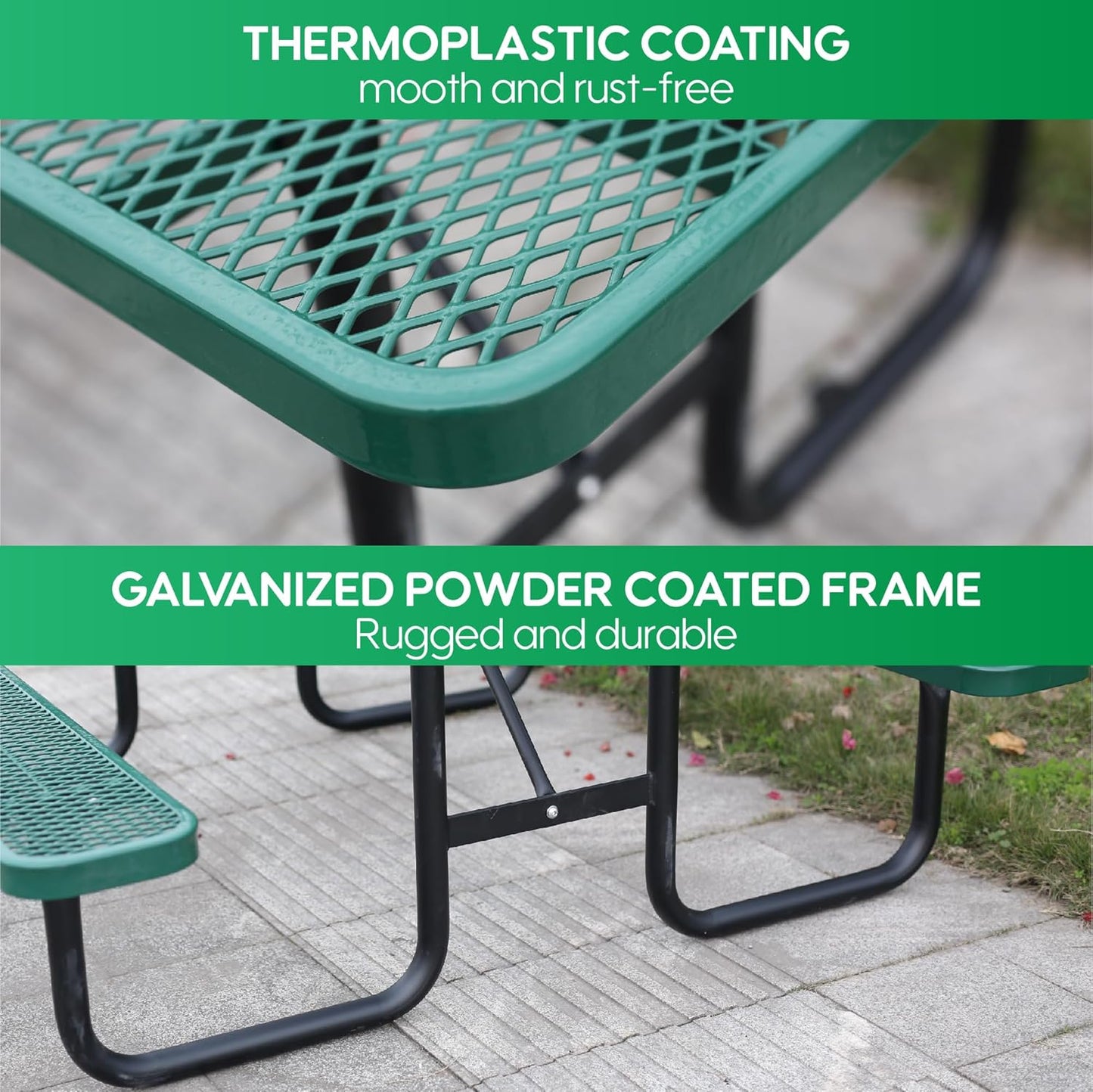 6FT Metal Picnic Tables for Outdoors, Commercial Rectangular Picnic Table and Bench Set for Outside, Patio, Garden, Backyard, Porch, Surface Mount, Green