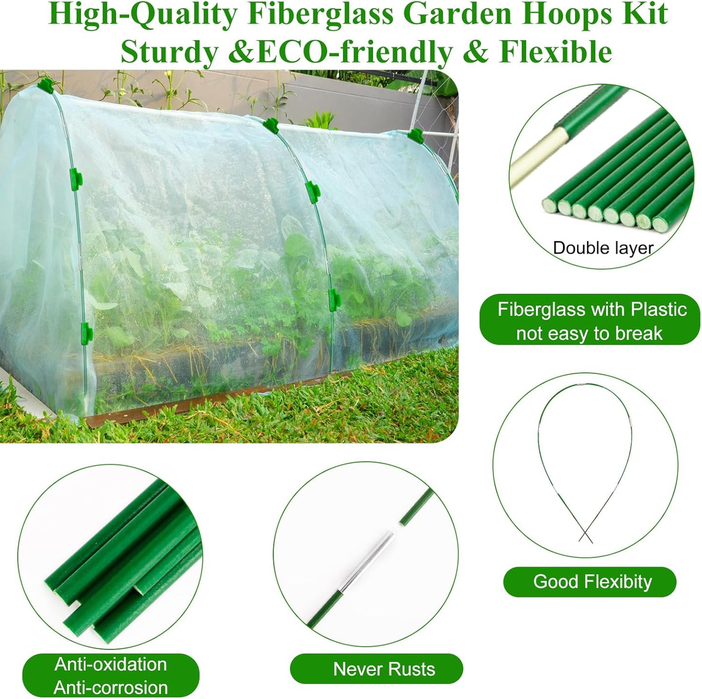 60Pcs Greenhouse Hoops Grow Tunnel Wide, 8FT Rust-Free Fiberglass Support Garden Hoops Kit for Raised Beds Plant Cloth Row Cover Netting-DIY Plant Support Garden Hoop for Netting-40Pcs Clips
