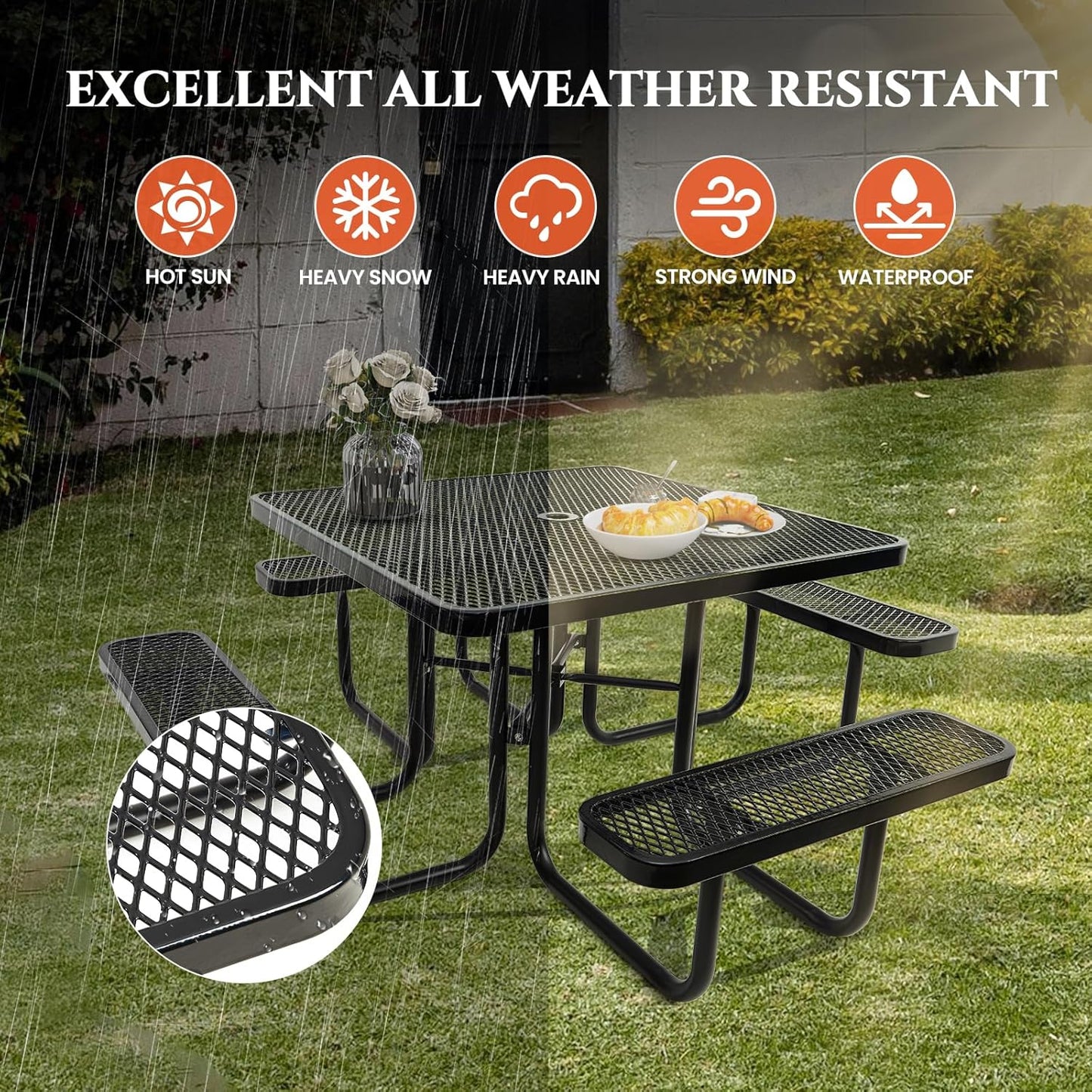 Heavy-Duty Park Bench or Table for Outside - Black Coated Outdoor Furniture Steel Bench, Commercial-Grade Outdoor Benches Weatherproof for Park, Patio, Porch (Black, 46” (Sq. Table))