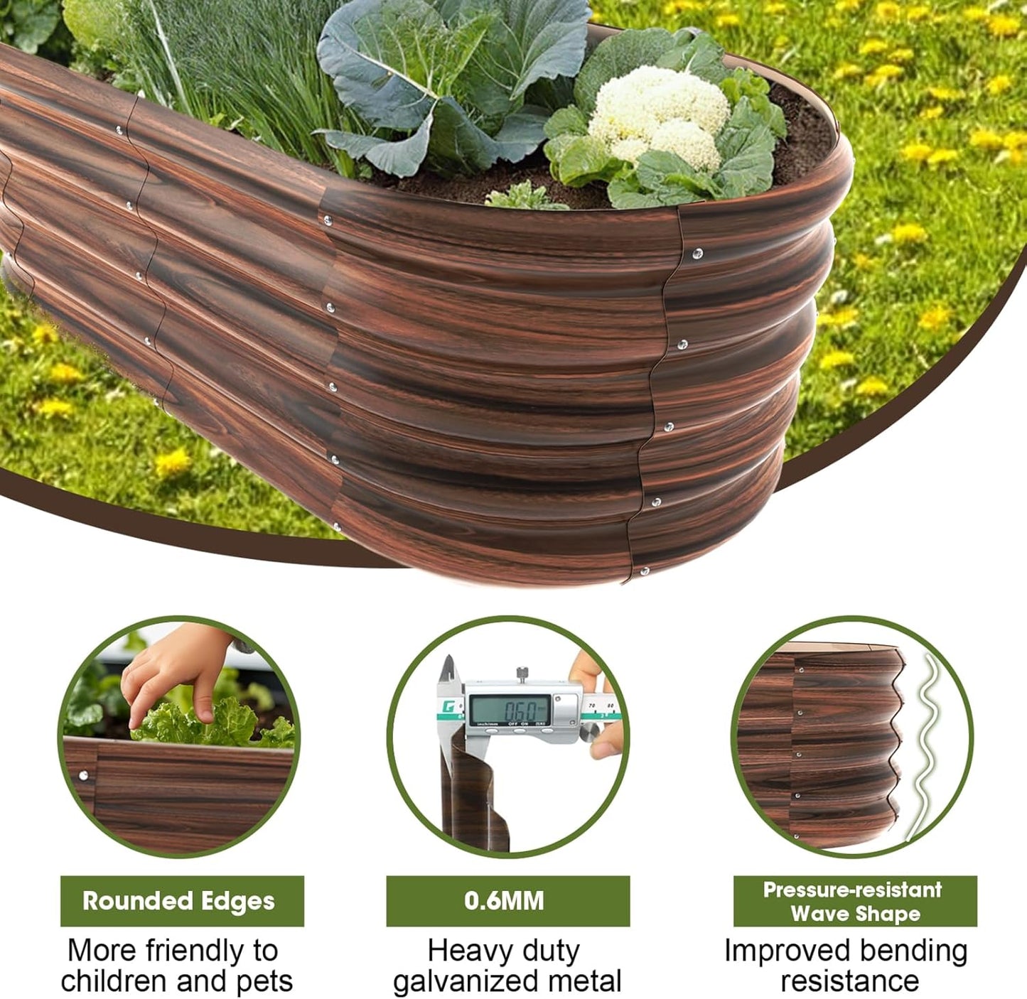 8x2ft Oval Galvanized Raised Garden Bed Kits 16" Tall Outdoor Large Metal Modular Planter Box 9-in-1 Raised Beds for Gardening,Vegetables,Fruits,Flowers & Herbs (Brown)