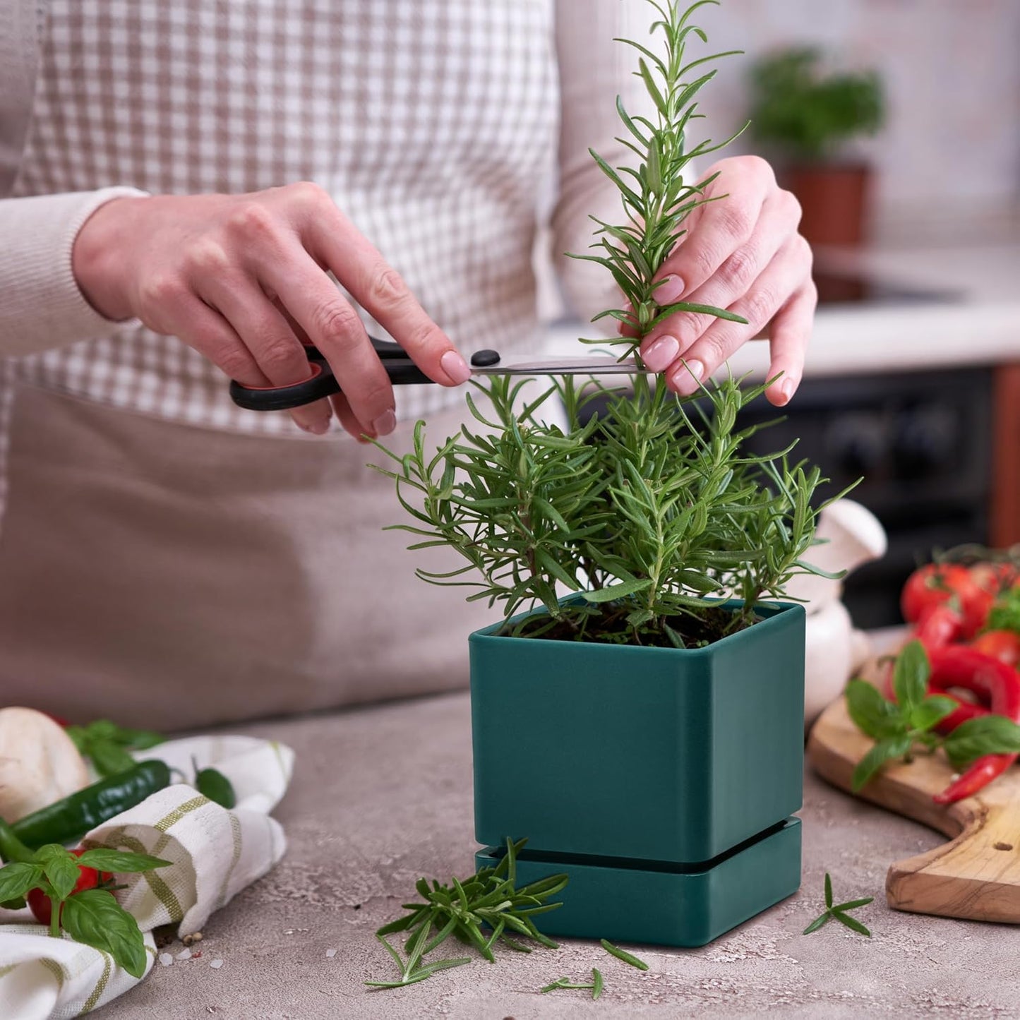 4 Inch Herb Planter Pot, Plastic Planter with Drainage Holes and Saucer, Modern Decorative Gardening Pot for Indoor Plants, Flowers, Herbs, Succulents, Green, Set of 4, 76-Y-C-4