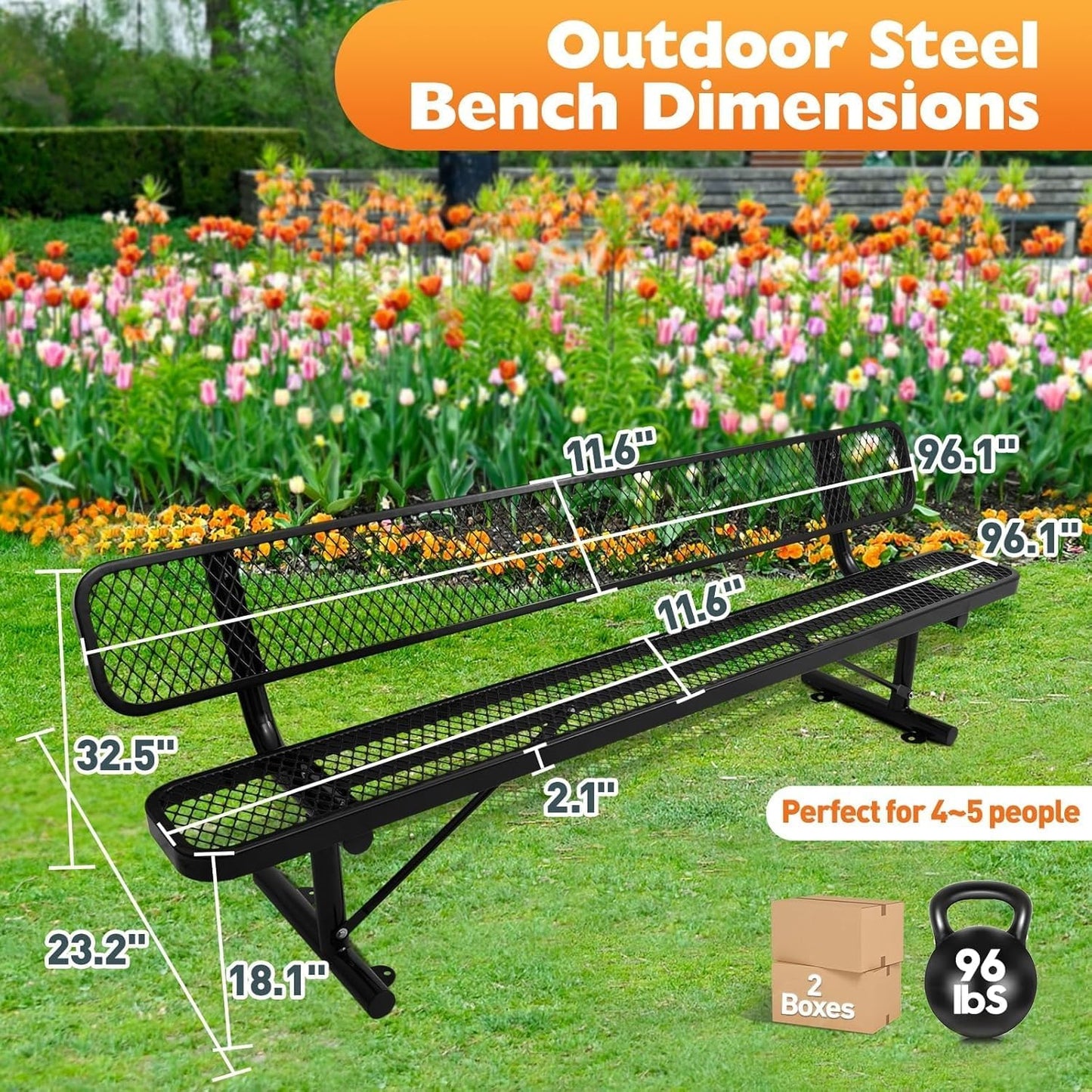 8FT Heavy Duty Park Bench with Back Portable Frame, Outdoor Metal Park Bench with Backrest, Steel Mesh Outdoor Bench for Garden, Lawn, Patio, Porch, Park, Yard (Black, 94.1" D x 23.2" W x 32.5" H)