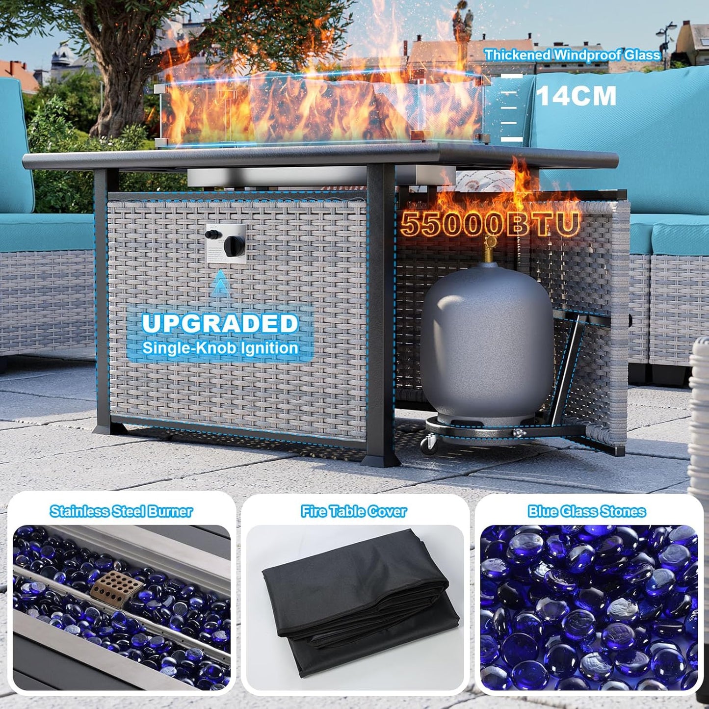 18-Piece Patio Furniture Set, Outdoor Patio Furniture with 55,000 BTU Fire Pit Table, Swivel Chairs Set, Thick Cushions, Modular Patio Sofa, Dual-Strand Wicker Rattan, Rust-Resistant Frame,Lake Blue