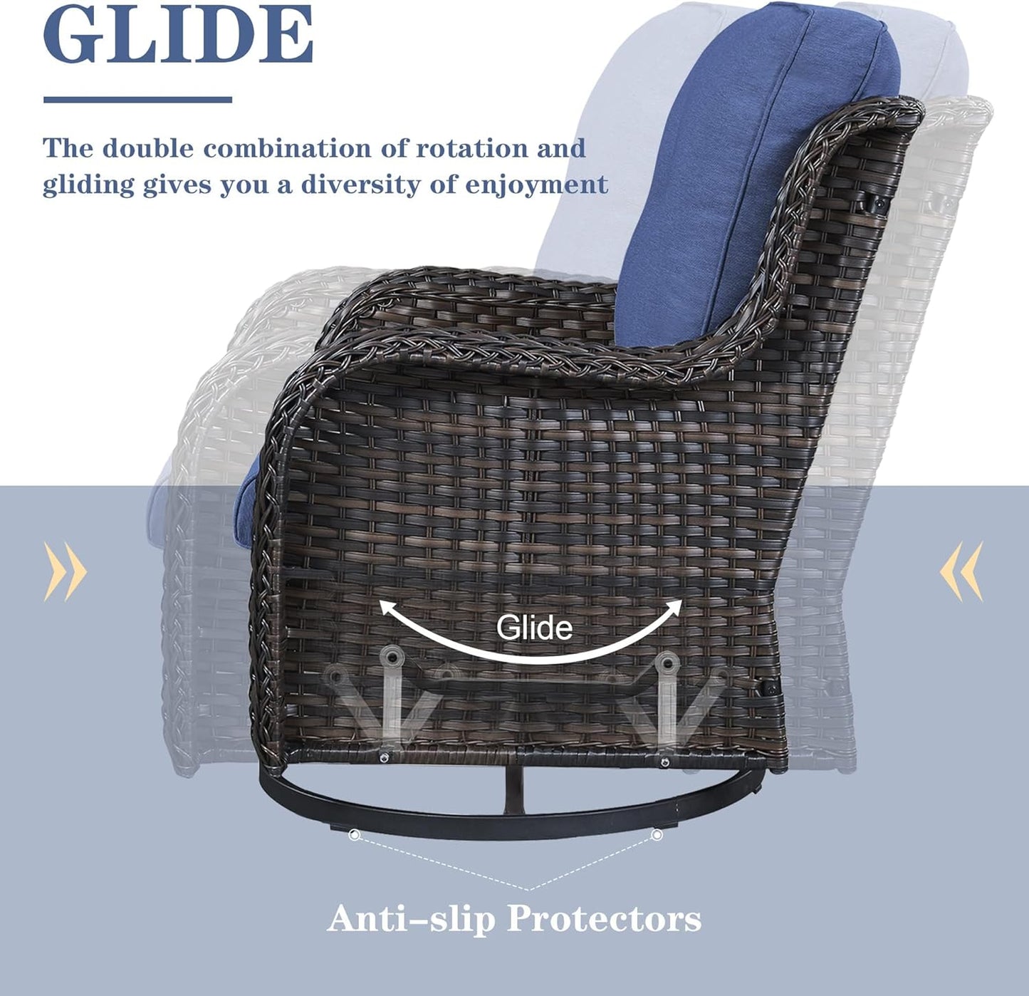 5 Piece Outdoor Patio Furniture Set - Outdoor Conversation Couch and Loveseat Glider Chair Furniture Set with Rattan Coffee Table for Deck Balcony Poolside Brown Wicker/Blue Cushions