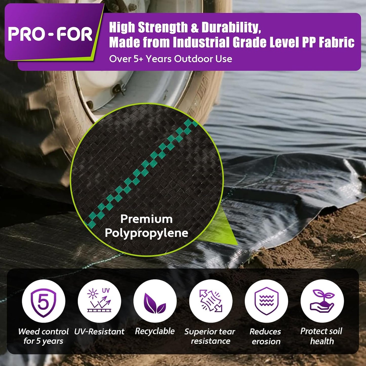 Heavy Duty Weed Barrier Fabric 4ft x 50ft, Landscape Ground Cover for Gardens & Driveways, Premium Weed Control with 10 U Shaped Staples