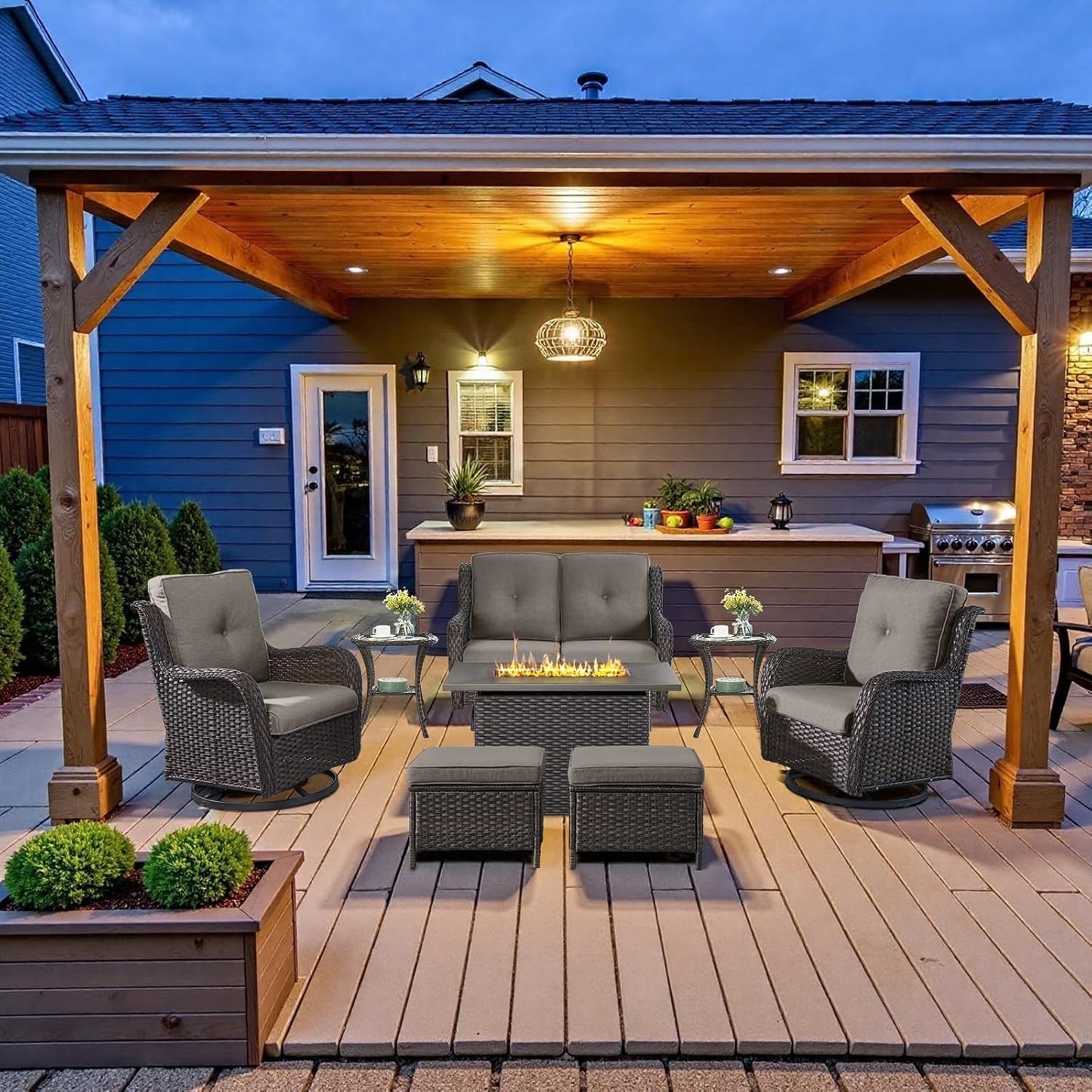 8 Piece Outdoor Patio Furniture Set - 41" CSA Propane Fire Pit Table Patio Conversation Set with Swivel Rocker Outdoor Chairs, Wicker loveseat and Ottoman for Outside Casual Gathering