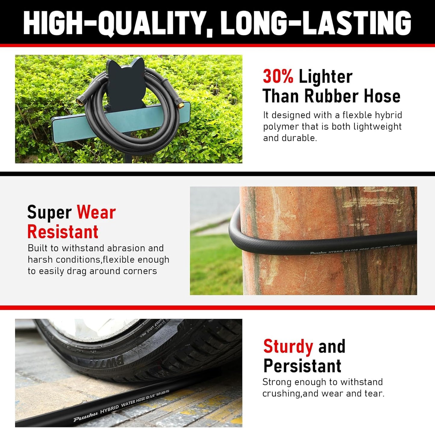 Garden Hose 25ft x 5/8", NON-EXPANDABLE Heavy Duty Premium Flexible Water Hose, No Kink, Leakproof, Lightweight Hybrid Hose with Male to Female Fittings for Household、Backyard