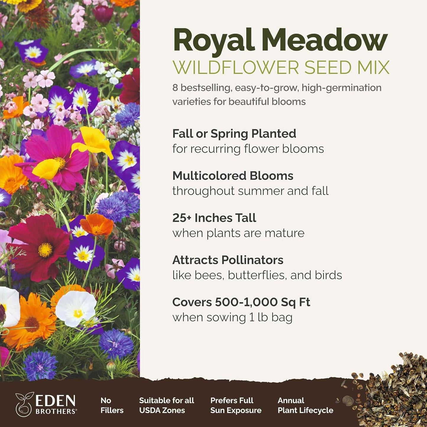 Eden Brothers Royal Meadow Flower Mixed Seeds for Planting, 1 lb, 480,000+ Seeds with Morning Glory, African Daisy | Attracts Pollinators, Plant in Spring or Fall, Zones 3, 4, 5, 6, 7, 8, 9, 10