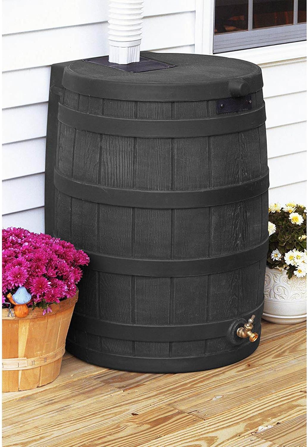 Good Ideas Rain Wizard 50 Gallon Plastic Outdoor Home Rain Barrel Water Storage Collector with Brass Spigot and Flat Back Design, Black (3 Pack)