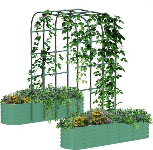 Galvanized Raised Garden Bed with 96" Tall Vertical Arch Trellis – Expandable Rust-Resistant Planter Box for Outdoor Plants, Flowers, Herbs & Vines – Includes Plant Clips, Drainage Netting,Green