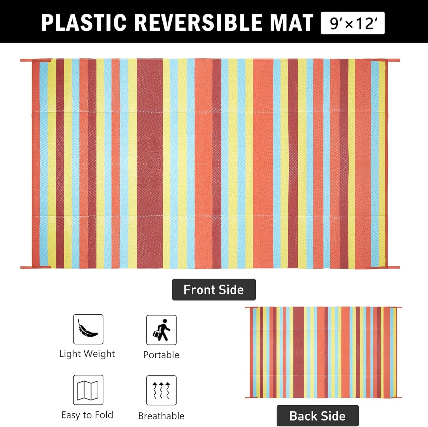 Outdoor Waterproof Rug 9'x12' Plastic Straw Rugs Washable Reversible Floor Mat Rainbow Stripe Carpet for Camping RV Deck Entryance Porch Picnic Balcony Beach Backyard