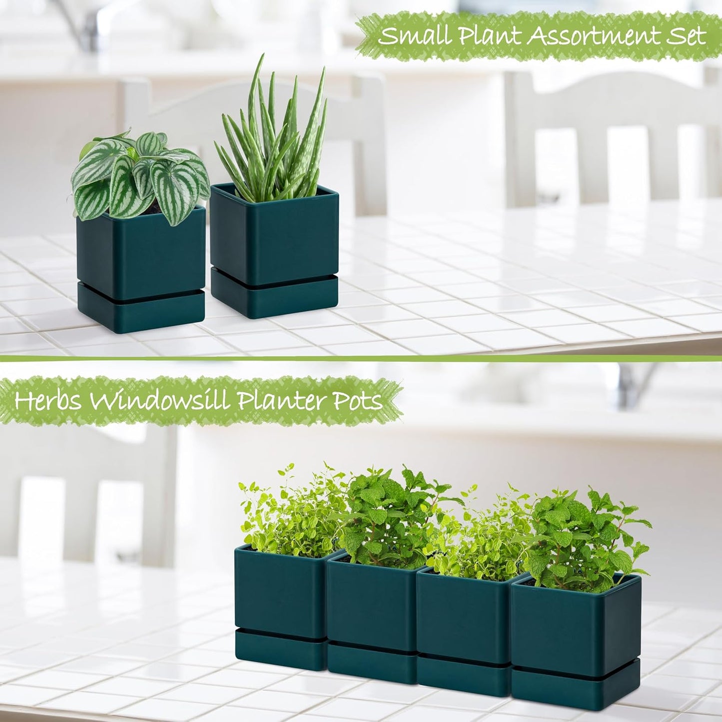 4 Inch Herb Planter Pot, Plastic Planter with Drainage Holes and Saucer, Modern Decorative Gardening Pot for Indoor Plants, Flowers, Herbs, Succulents, Green, Set of 4, 76-Y-C-4