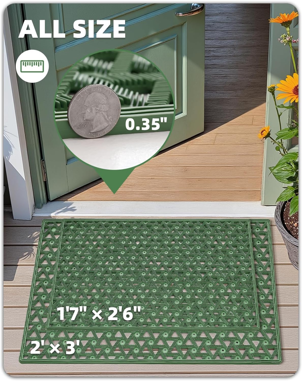 Color&Geometry Door Mat Outside Entrance with Drainage, Rubber Heavy Duty Dirt Trapper Waterproof Outdoor Welcome Mat, Outdoor Mats All Weather for Front Back Door Patio Entryway Entry, 24"X36" Green