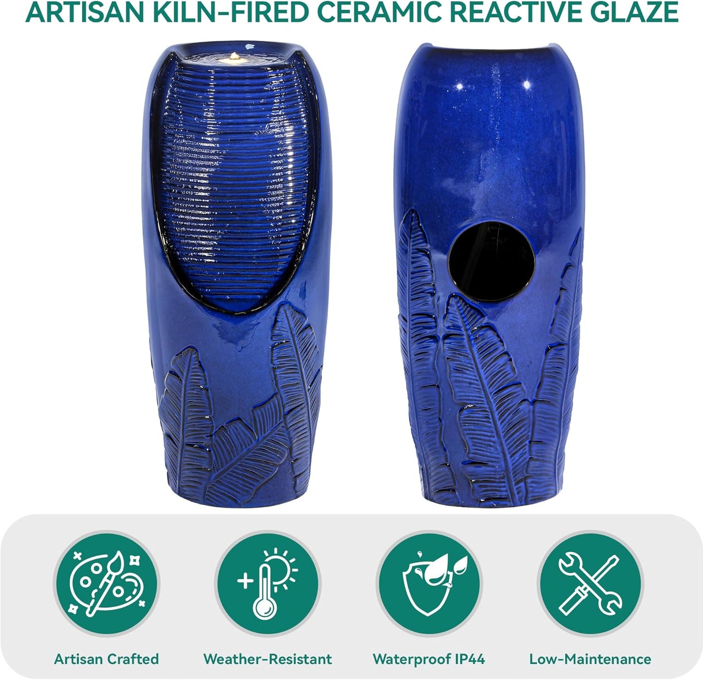 33" Tall Outdoor Garden Fountain with LED Lights, Modern Ceramic Jar Water Fountain, 3D Tropical Leaf Pattern, Cobalt Blue Glaze, Soothing Cascading Waterfall for Relaxing Patio, Yard, Porch