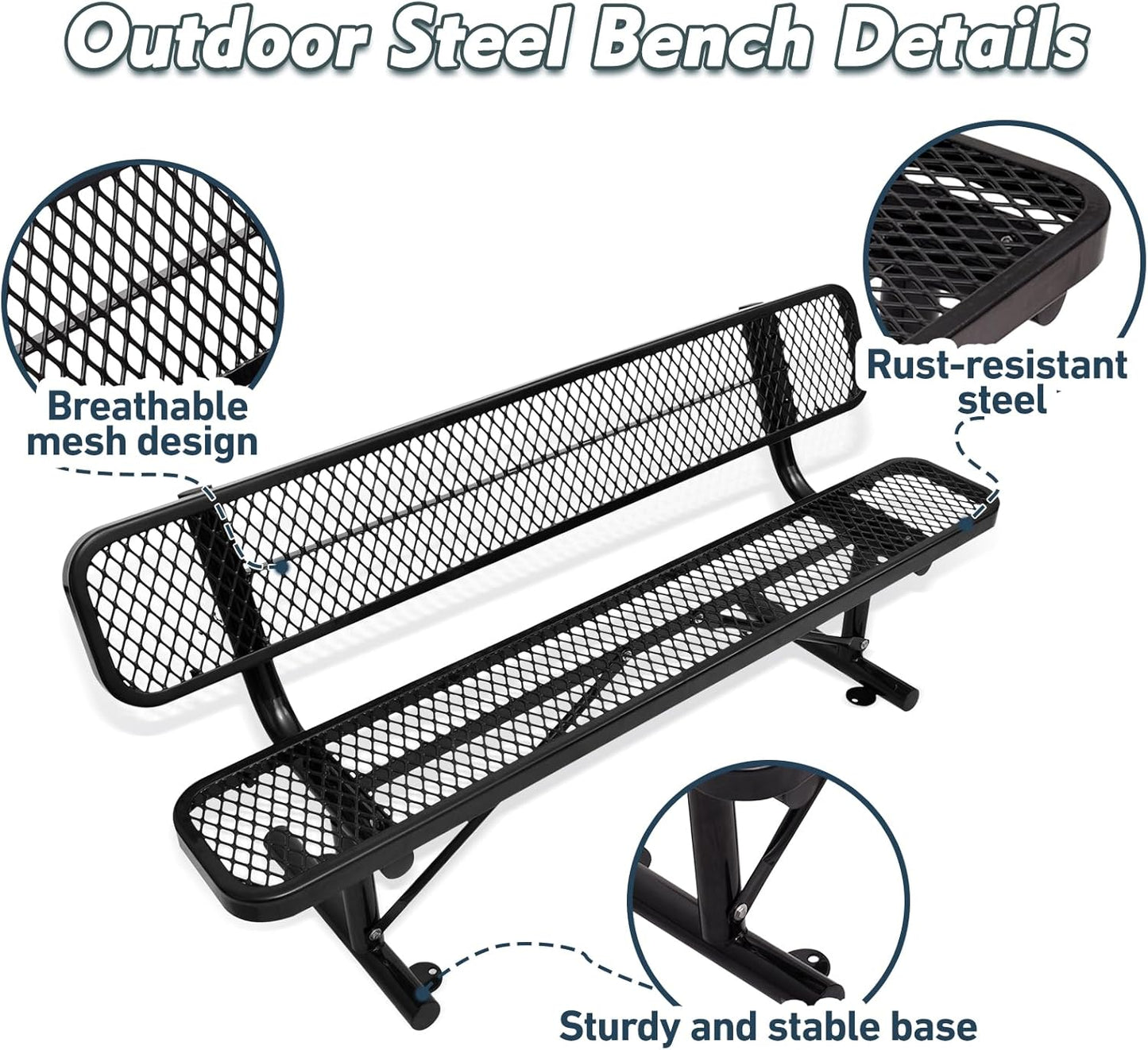 Drexo 6FT Heavy Duty Park Bench with Back Portable Frame, Outdoor Metal Park Bench with Backrest, Steel Mesh Outdoor Bench for Garden, Lawn, Patio, Porch, Park, Yard, Black