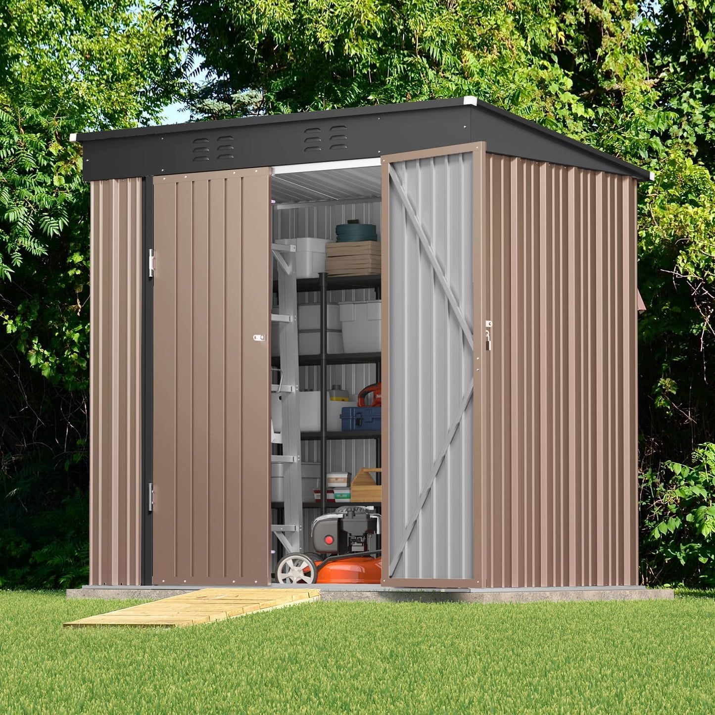 Gizoon 6' x 4' Outdoor Storage Shed with Double Lockable Doors, Anti-Corrosion Metal Garden Shed, Waterproof Shed Outdoor Storage Clearance for Backyard Patio Lawn-Brown