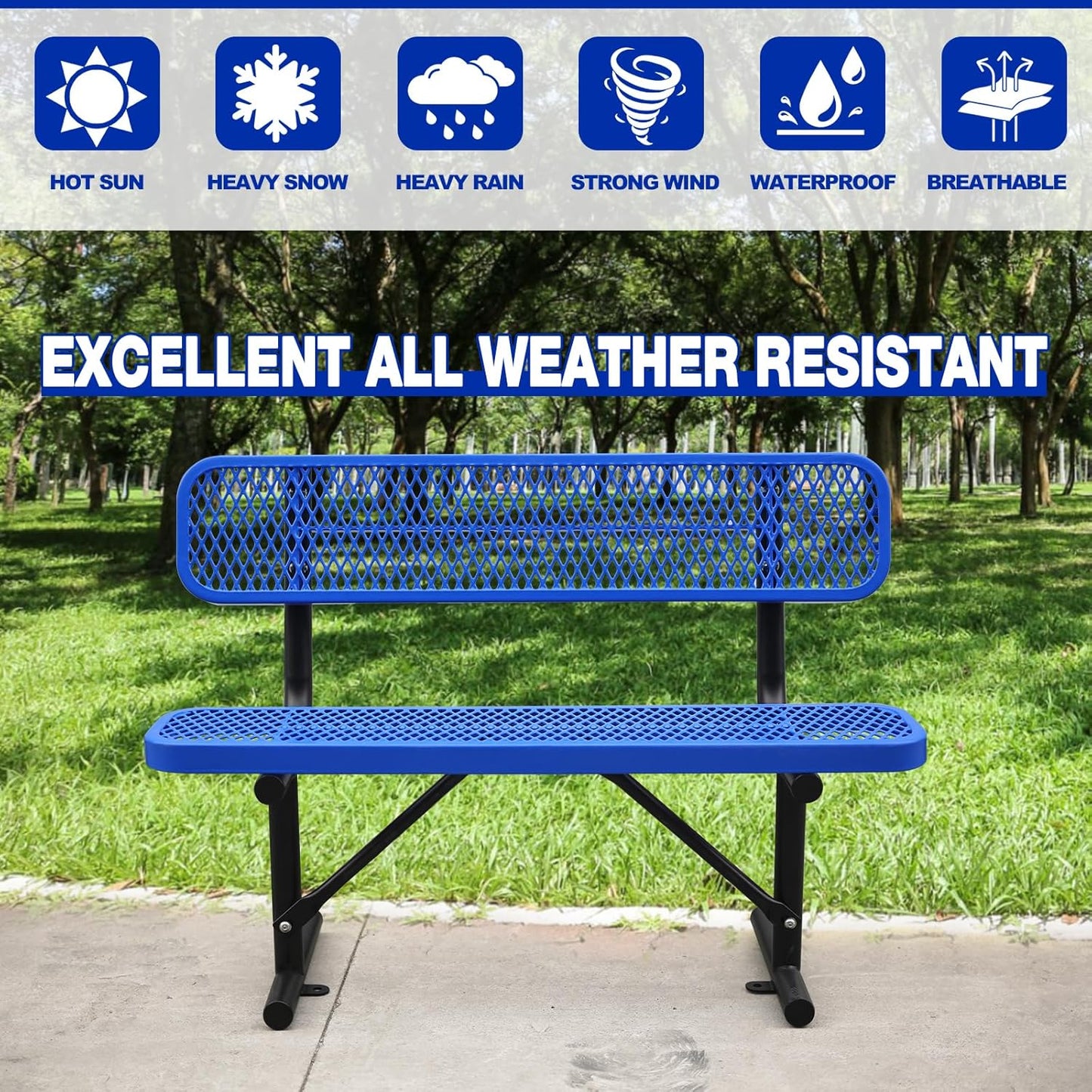 Heavy Duty Park Bench with Back Portable Frame, Outdoor Metal Park Bench with Backrest, Steel Mesh Outdoor Bench for Garden, Lawn, Patio, Porch, Park, Yard (Blue, 48" D x 23.2" W x 32.5" H)
