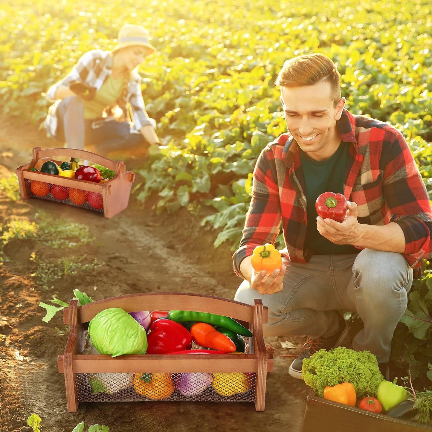 Garden Harvest Basket Mesh Storage with Handle Versatile Gardening Fruits Vegetables Gathering Basket Garden Supply Gardener Gift Spring for Washing Holding(Brown,19in)