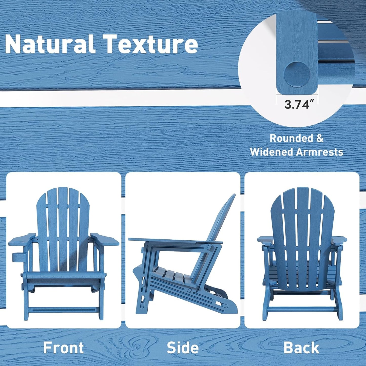 Adirondack Chairs Set of 2, Tool-Free Assembly All-Weather Plastic Adirondack Chairs, HDPE Fire Pit Chairs with Cup Holder, Outdoor Chair for Patio Garden (Blue)